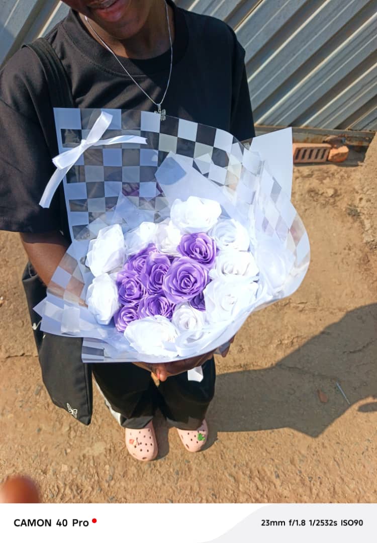 Checkered wrap purple and white rose bouquet